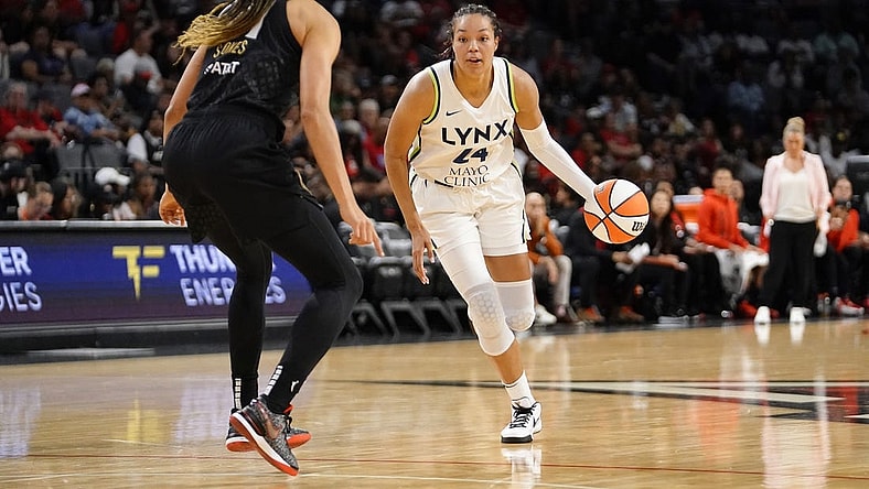 May 28, 2023; Las Vegas, Nevada, USA; Minnesota Lynx forward Napheesa Collier (24) dribbles the ball against Las Vegas Aces center Kiah Stokes (41) during the second quarter at Michelob Ultra Arena. Mandatory Credit: Lucas Peltier-USA TODAY Sports