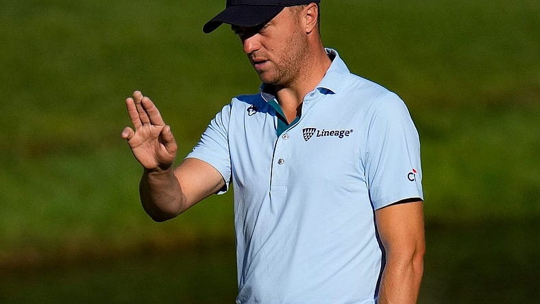 May 31, 2023; Dublin, Ohio, USA;  Justin Thomas eyes up a putt on the 14th green during the Workday Golden Bear Pro Am at the Memorial Tournament at Muirfield Village Golf Club in Dublin.