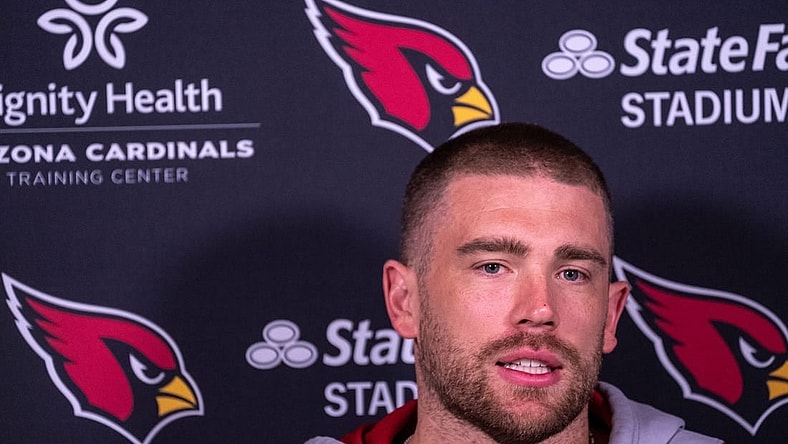 Arizona Cardinals' Zach Ertz speaks during a news conference at the Dignity Health Arizona Cardinals Training Center in Tempe on April 11, 2023.