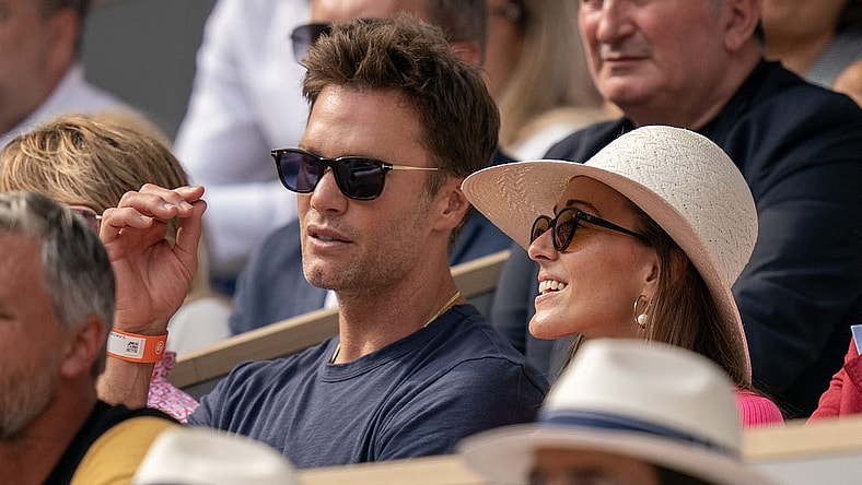 Jun 11, 2023; Paris,France; Tom Brady and Jelena Djokovic in attendance for the Novak Djokovic (SRB) and Casper Ruud (NOR) men s final on day 15 at Stade Roland-Garros. Mandatory Credit: Susan Mullane-USA TODAY Sports