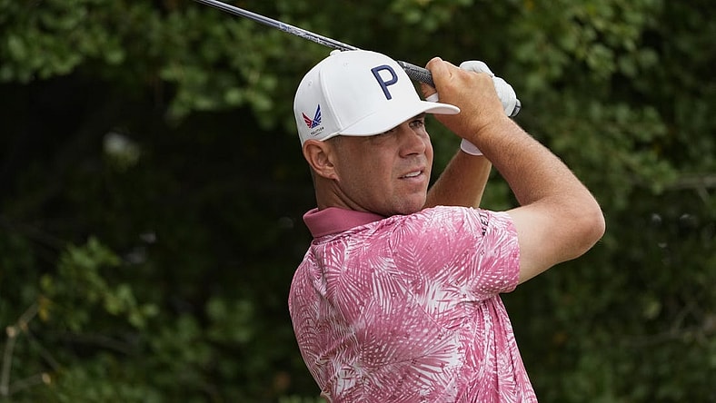 Jun 13, 2023; Los Angeles, California, USA; Gary Woodland hits his tee shot on the 11th hole during a practice round of the U.S. Open golf tournament at Los Angeles Country Club. Mandatory Credit: Michael Madrid-USA TODAY Sports