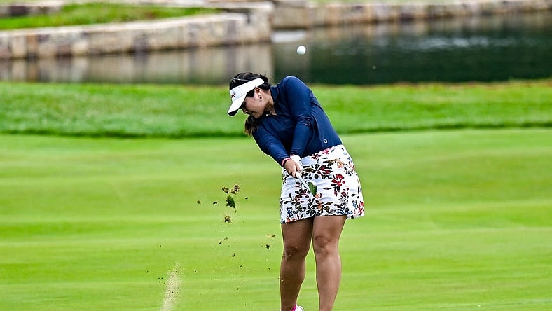 Jun 22, 2023; Springfield, New Jersey, USA; Lilia Vu plays a shot from the fairway on the 18th hole during the first round of the KPMG Women's PGA Championship golf tournament. Mandatory Credit: John Jones-USA TODAY Sports