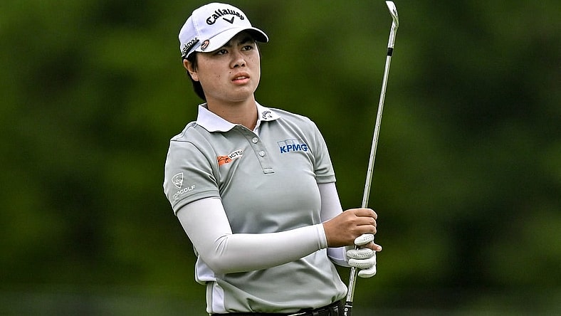 Jun 23, 2023; Springfield, New Jersey, USA; Yuka Saso tees off on the 4th hole during the second round of the KPMG Women's PGA Championship golf tournament. Mandatory Credit: John Jones-USA TODAY Sports