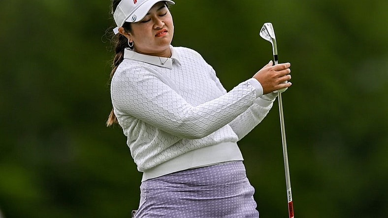 Jun 23, 2023; Springfield, New Jersey, USA; Lilia Vu reacts after playing a shot on the 4th hole during the second round of the KPMG Women's PGA Championship golf tournament. Mandatory Credit: John Jones-USA TODAY Sports