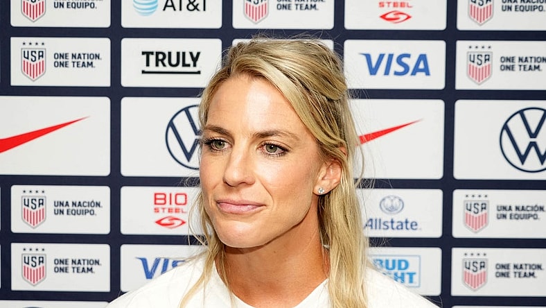 Jun 27, 2023; Carson, California, USA; USWNT forward Julie Ertz during Women's World Cup media day at Dignity Health Sports Park. Mandatory Credit: Kirby Lee-USA TODAY Sports