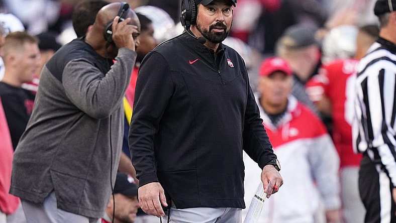 Nov 26, 2022; Columbus, Ohio, USA;  Ohio State Buckeyes head coach Ryan Day watches from the sideline during the second half of the NCAA football game against the Michigan Wolverines at Ohio Stadium. Michigan won 45-23. Mandatory Credit: Adam Cairns-The Columbus Dispatch
