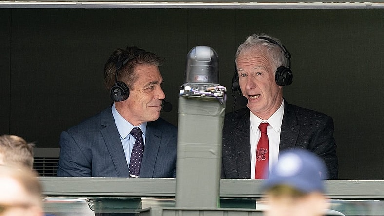 Jul 3, 2023; London, United Kingdom;  John McEnroe and Chris Fowler in the ESPN booth on Centre Court during the Novak Djokovic (SRB) and Pedro Cachin (ARG) match at the All England Lawn Tennis and Croquet Club. Mandatory Credit: Susan Mullane-USA TODAY Sports