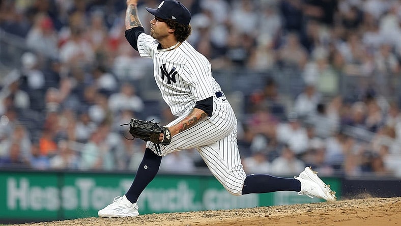 Jul 6, 2023; Bronx, New York, USA; New York Yankees relief pitcher Deivi Garcia (83) pitches against the Baltimore Orioles during the fourth inning at Yankee Stadium. Mandatory Credit: Brad Penner-USA TODAY Sports