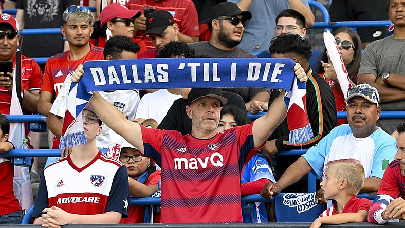 Jul 4, 2023; Frisco, Texas, USA; A view of an FC Dallas fan and his scarf during the game between FC Dallas and the D.C. United at Toyota Stadium. Mandatory Credit: Jerome Miron-USA TODAY Sports