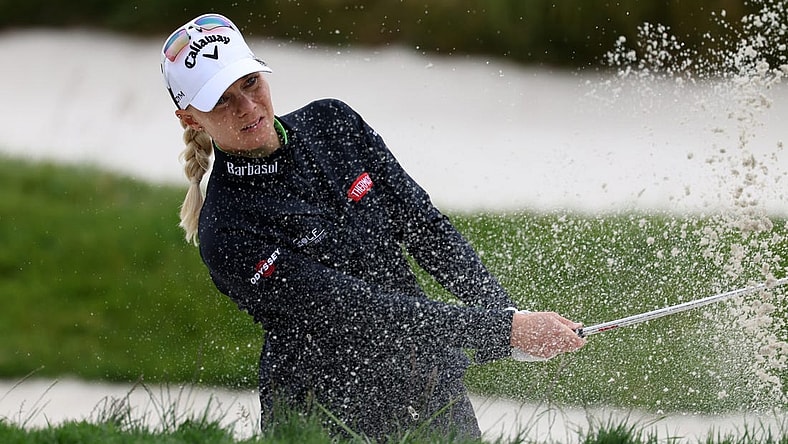 Jul 7, 2023; Pebble Beach, California, USA; Madelene Sagstrom hits out of a bunker on the seventeenth hole during the second round of the U.S. Women's Open golf tournament at Pebble Beach Golf Link. Mandatory Credit: Kiyoshi Mio-USA TODAY Sports
