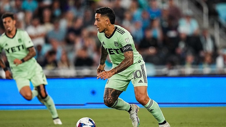 Jul 8, 2023; Saint Paul, Minnesota, USA; Austin FC forward Sebastian Driussi (10) dribbles during the second half against Minnesota United at Allianz Field. Mandatory Credit: Brace Hemmelgarn-USA TODAY Sports