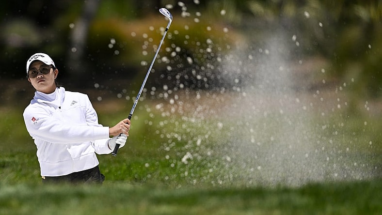 Jul 9, 2023; Pebble Beach, California, USA; Rose Zhang hits out of the bunker on the second hole during the final round of the U.S. Women's Open golf tournament at Pebble Beach Golf Links. Mandatory Credit: Kelvin Kuo-USA TODAY Sports
