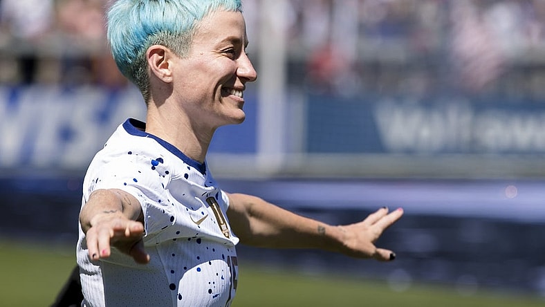 Jul 9, 2023; San Jose, California, USA;  United States of America forward Megan Rapinoe (15) enters the pitch during the send-off celebrations after the game against Wales PayPal Park. Mandatory Credit: John Hefti-USA TODAY Sports