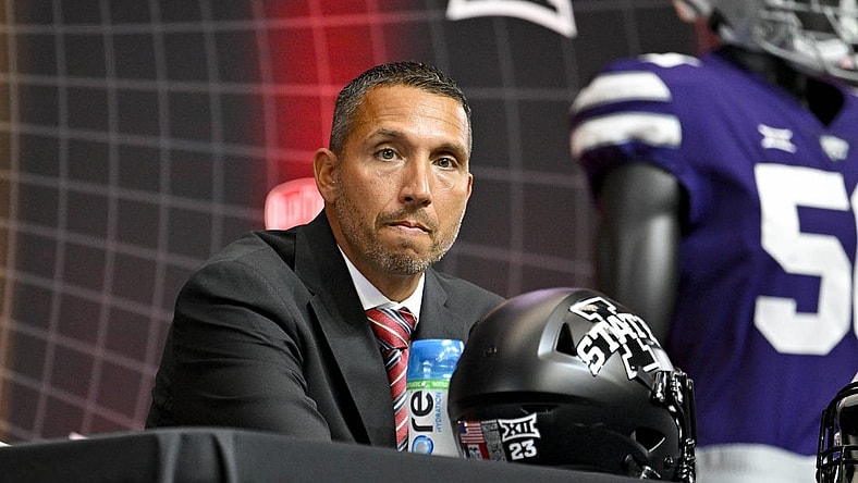 Jul 13, 2023; Arlington, TX, USA; Iowa State Cyclones head coach Matt Campbell is interviewed during the Big 12 football media day at AT&T Stadium. Mandatory Credit: Jerome Miron-USA TODAY Sports