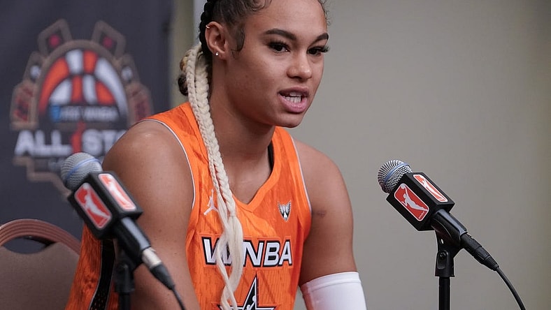 Jul 15, 2023; Las Vegas, NV, USA; Team Stewart frontcourt Satou Sabally (0) answers questions during a press conference prior to the 2023 WNBA All-Star Game at Michelob Ultra Arena. Mandatory Credit: Lucas Peltier-USA TODAY Sports