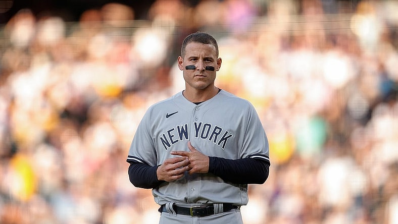 Jul 15, 2023; Denver, Colorado, USA; New York Yankees first baseman Anthony Rizzo (48) in the middle of the fourth inning against the Colorado Rockies at Coors Field. Mandatory Credit: Isaiah J. Downing-USA TODAY Sports