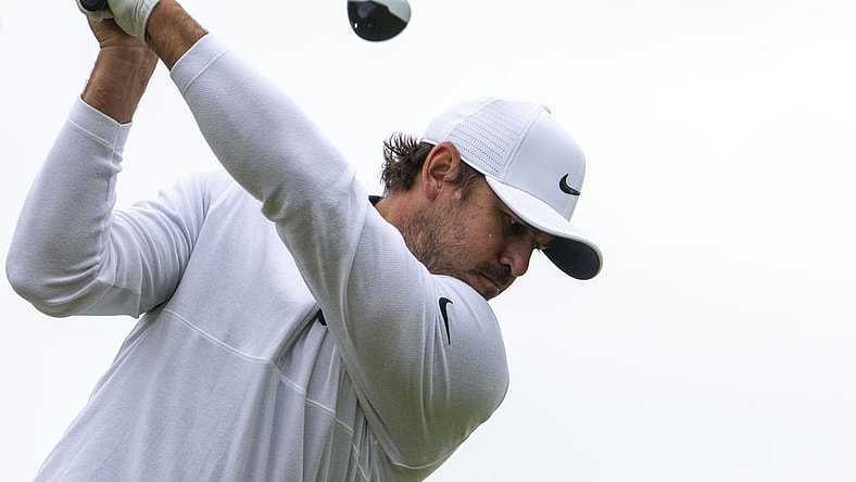 July 18, 2023; Hoylake, ENGLAND, GBR; Brooks Koepka hits his tee shot on the fifth hole during a practice round of The Open Championship golf tournament at Royal Liverpool. Mandatory Credit: Kyle Terada-USA TODAY Sports