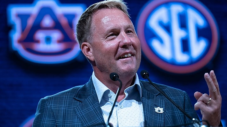 Auburn Head Coach Hugh Freeze speaks at the 2023 SEC Football Kickoff Media Days at the Nashville Grand Hyatt on Broadway, Tuesday, July 18, 2023.