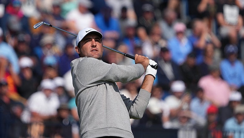 July 20, 2023; Hoylake, ENGLAND, GBR; Scottie Scheffler plays his shot from the fourth tee during the first round of The Open Championship golf tournament at Royal Liverpool. Mandatory Credit: Kyle Terada-USA TODAY Sports