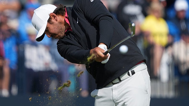 July 20, 2023; Hoylake, ENGLAND, GBR; Brooks Koepka (LIV player) plays his shot from the fourth tee during the first round of The Open Championship golf tournament at Royal Liverpool. Mandatory Credit: Kyle Terada-USA TODAY Sports