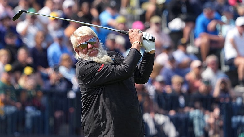 July 20, 2023; Hoylake, England, GBR; John Daly plays his shot from the fourth tee during the first round of The Open Championship golf tournament at Royal Liverpool. Mandatory Credit: Kyle Terada-USA TODAY Sports