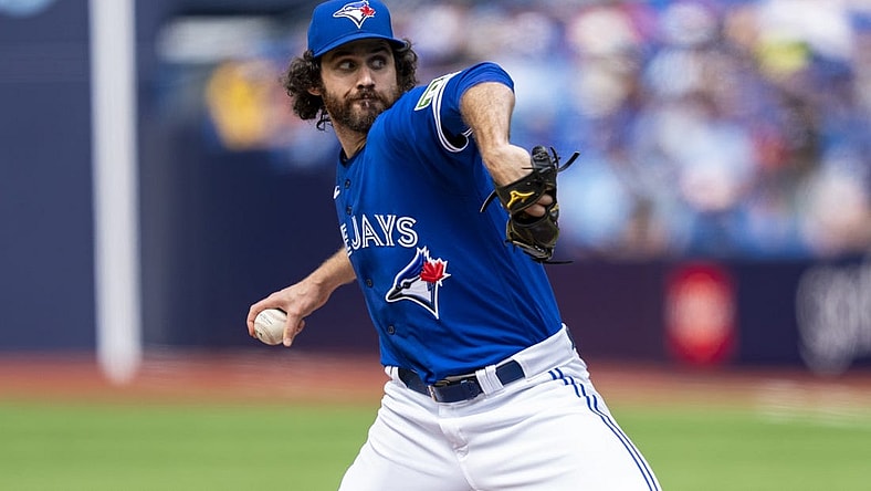 Jul 20, 2023; Toronto, Ontario, CAN; Toronto Blue Jays relief pitcher Jordan Romano (68) pitches to the San Diego Padres during the ninth inning at Rogers Centre. Mandatory Credit: Kevin Sousa-USA TODAY Sports