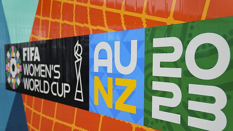 Jul 21, 2023; Auckland, NZL; A 2023 FIFA Women's World Cup logo is seen outside a fan festival. Mandatory Credit: Jenna Watson-USA TODAY Sports