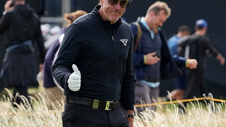 July 21, 2023; Hoylake, ENGLAND, GBR; Phil Mickelson (LIV player) on the first hole during the second round of The Open Championship golf tournament at Royal Liverpool. Mandatory Credit: Kyle Terada-USA TODAY Sports