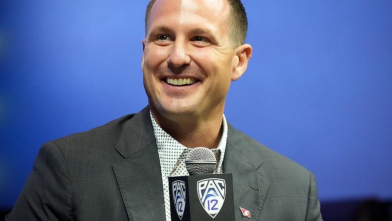Jul 21, 2023; Las Vegas, NV, USA; Washington State Cougars coach Jake Dickert speaks during Pac-12 Media Day at Resorts World Las Vegas. tMandatory Credit: Kirby Lee-USA TODAY Sports