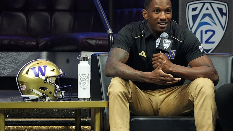 Jul 21, 2023; Las Vegas, NV, USA; Washington Huskies quarterback Michael Penix Jr. during Pac-12 Media Day at Resorts World Las Vegas. tMandatory Credit: Kirby Lee-USA TODAY Sports