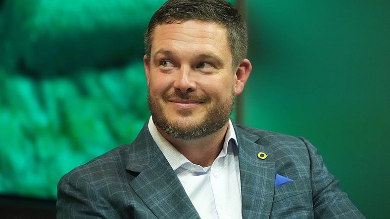 Jul 21, 2023; Las Vegas, NV, USA; Oregon Ducks coach Dan Lanning during Pac-12 Media Day at Resorts World Las Vegas. tMandatory Credit: Kirby Lee-USA TODAY Sports