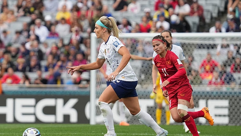 Jul 22, 2023; Auckland, NZL;  USA midfielder Julie Ertz (8) controls the ball against Vietnam midfielder Thai Thi Thao (11) in the first half of a group stage match in the 2023 FIFA Women's World Cup at Eden Park. Mandatory Credit: Jenna Watson-USA TODAY Sports