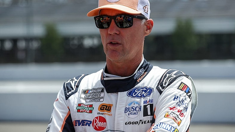 Jul 22, 2023; Long Pond, Pennsylvania, USA; NASCAR Cup Series driver Kevin Harvick looks on during practice and qualifying for the HighPoint.com 400 at Pocono Raceway. Mandatory Credit: Matthew O'Haren-USA TODAY Sports