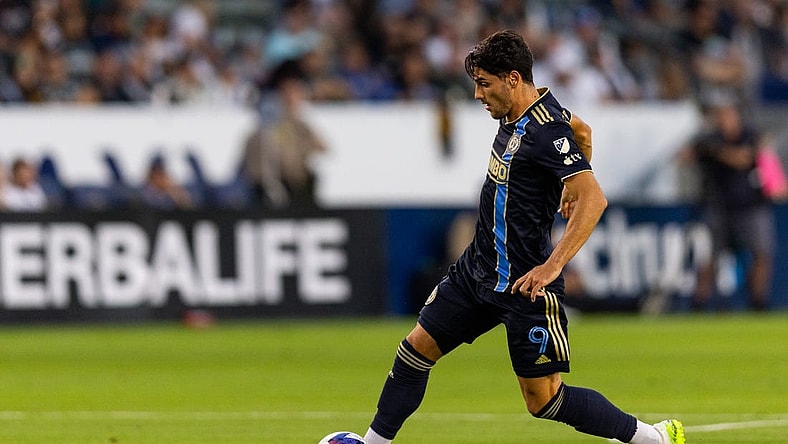 Jul 8, 2023; Carson, California, USA; Philadelphia Union forward Julian Carranza (9) passes during the first half against the Los Angeles Galaxy at Dignity Health Sports Park. Mandatory Credit: Jason Parkhurst-USA TODAY Sports