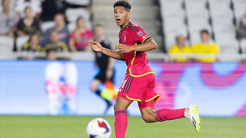 Jul 23, 2023; Columbus, OH, USA; St. Louis City forward Nicholas Gioacchini (11) kicks the ball  in the second half against the Columbus Crew at Lower.com Field. Mandatory Credit: Trevor Ruszkowski-USA TODAY Sports