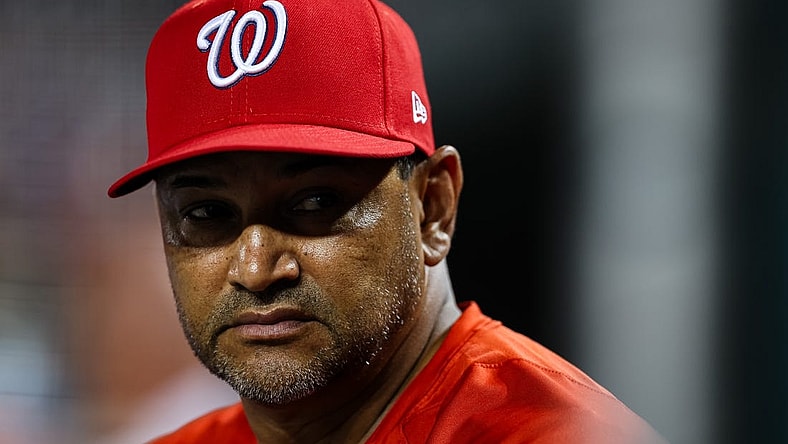 Jul 24, 2023; Washington, District of Columbia, USA; Washington Nationals manager Dave Martinez (4) looks on during the seventh inning against the Colorado Rockies at Nationals Park. Mandatory Credit: Scott Taetsch-USA TODAY Sports
