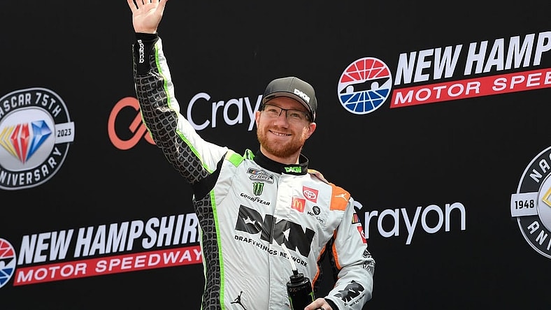 Jul 17, 2023; Loudon, New Hampshire, USA; NASCAR Cup Series driver Tyler Reddick (45) is introduced before the start of  the Crayon 301 at New Hampshire Motor Speedway. Mandatory Credit: Eric Canha-USA TODAY Sports