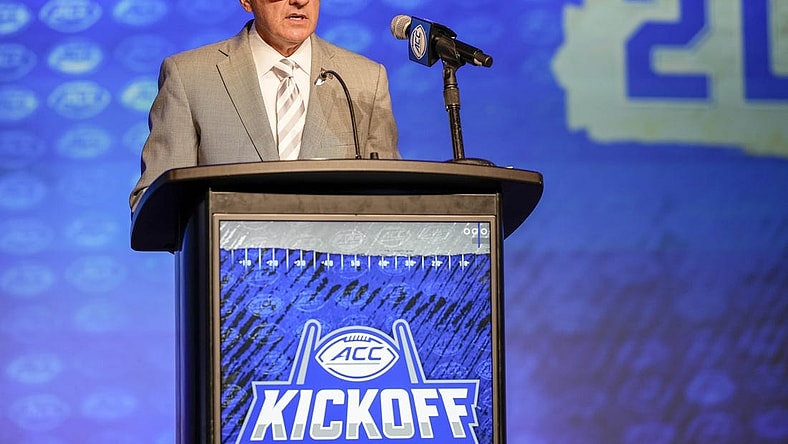 Jul 25, 2023; Charlotte, NC, USA;  ACC commissioner James Phillips speaks to the media during ACC Media Days at The Westin Charlotte. Mandatory Credit: Jim Dedmon-USA TODAY Sports