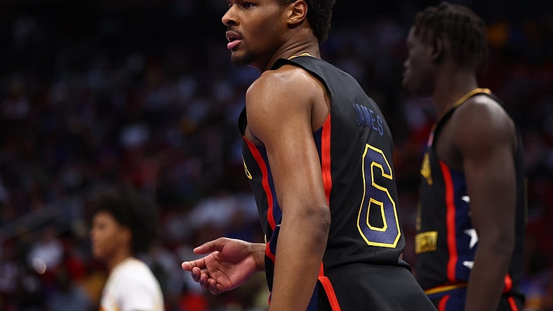 Mar 28, 2023; Houston, TX, USA; West guard Bronny James (6) during the McDonald's All American Boy's high school basketball game at Toyota Center. Mandatory Credit: Mark J. Rebilas-USA TODAY Sports