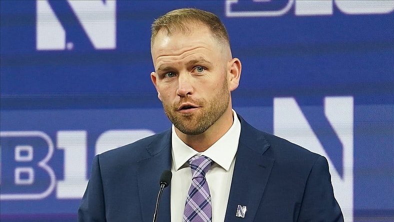 Jul 26, 2023; Indianapolis, IN, USA; Northwestern Wildcats interim head coach David Braun speaks to the media during the Big 10 football media day at Lucas Oil Stadium. Mandatory Credit: Robert Goddin-USA TODAY Sports