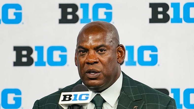 Jul 26, 2023; Indianapolis, IN, USA; Michigan State Spartans head coach Mel Tucker speaks to the media during the Big 10 football media day at Lucas Oil Stadium. Mandatory Credit: Robert Goddin-USA TODAY Sports