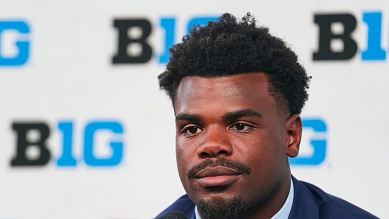 Jul 26, 2023; Indianapolis, IN, USA; Iowa Hawkeyes defensive lineman Noah Shannon speaks to the media during the Big 10 football media day at Lucas Oil Stadium. Mandatory Credit: Robert Goddin-USA TODAY Sports