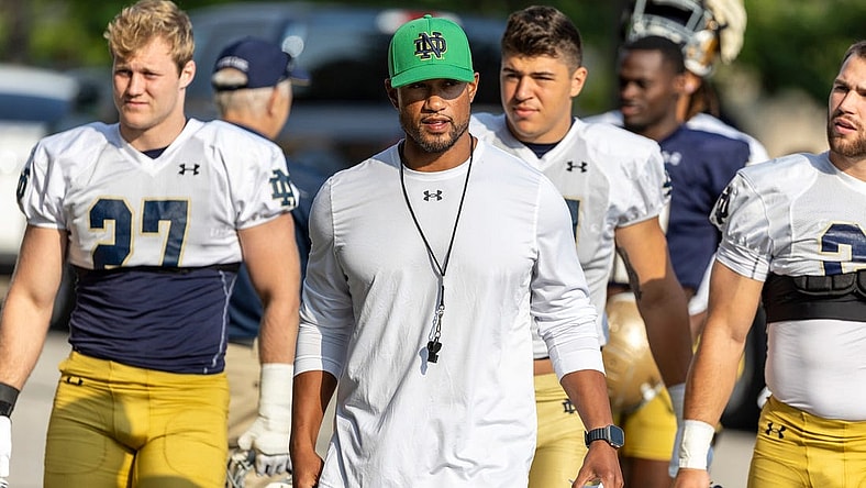 Notre Dame head coach Marcus Freeman prior to Notre Dame Fall Camp on Wednesday, July 26, 2023, at Irish Athletics Center in South Bend, Indiana.