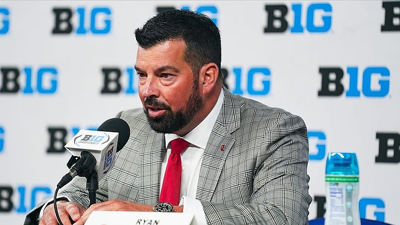 Jul 26, 2023; Indianapolis, IN, USA; Ohio State Buckeyes head coach Ryan Day speaks to the media during the Big 10 football media day at Lucas Oil Stadium. Mandatory Credit: Robert Goddin-USA TODAY Sports