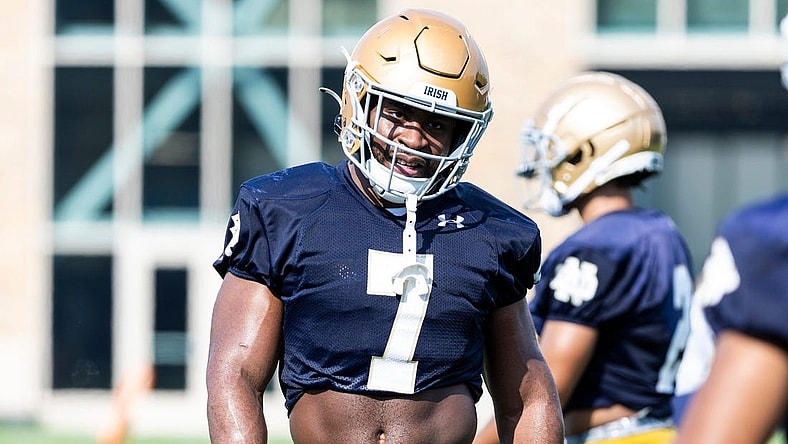Notre Dame's Audric Estim during Notre Dame Fall Camp on Wednesday, July 26, 2023, at Irish Athletics Center in South Bend, Indiana.