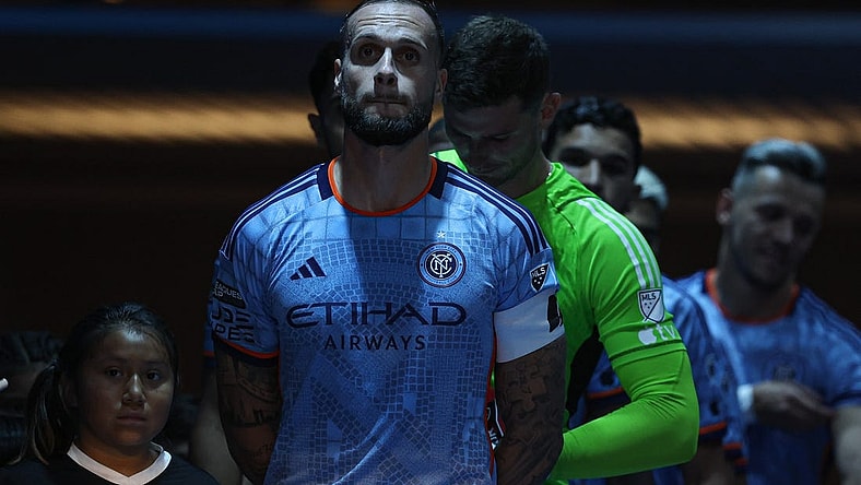 Jul 26, 2023; Harrison, NJ, USA; New York City FC defender Maxime Chanot (4) waits to enter the pitch with teammates before the match against Toronto FC at Red Bull Arena. Mandatory Credit: Vincent Carchietta-USA TODAY Sports