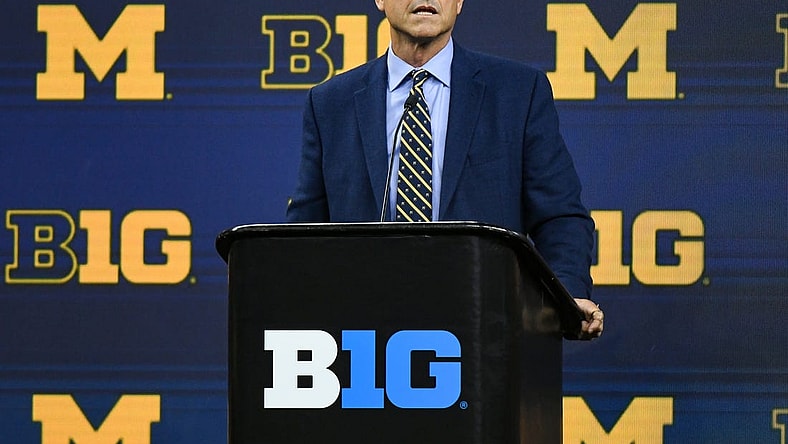 Jul 27, 2023; Indianapolis, IN, USA;  Michigan Wolverines head coach Jim Harbaugh speaks to the media during the Big 10 football media day at Lucas Oil Stadium. Mandatory Credit: Robert Goddin-USA TODAY Sports