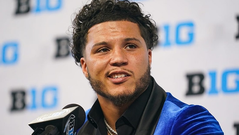 Jul 27, 2023; Indianapolis, IN, USA;  Michigan Wolverines running back Blake Corum speaks to the media during the Big 10 football media day at Lucas Oil Stadium. Mandatory Credit: Robert Goddin-USA TODAY Sports