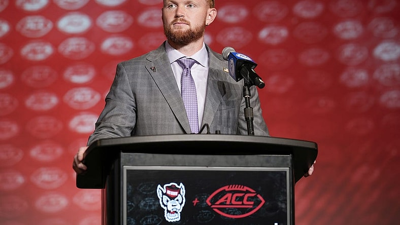Jul 27, 2023; Charlotte, NC, USA; N.C.State quarterback Brennan Armstrong answers questions from the media during the ACC 2023 Kickoff at The Westin Charlotte. Mandatory Credit: Jim Dedmon-USA TODAY Sports