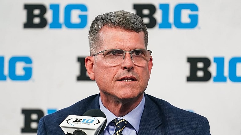 Jul 27, 2023; Indianapolis, IN, USA;  Michigan Wolverines head coach Jim Harbaugh speaks to the media during the Big 10 football media day at Lucas Oil Stadium. Mandatory Credit: Robert Goddin-USA TODAY Sports